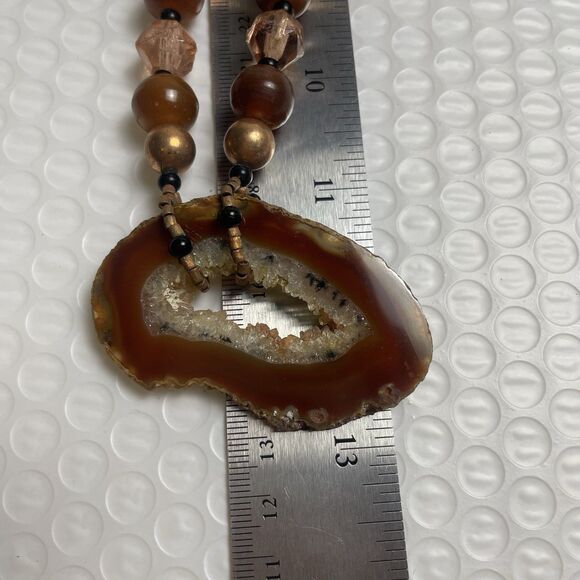 Agate slice geode pendant glass & metal beads handmade necklace jewelry. - Picture 4 of 4